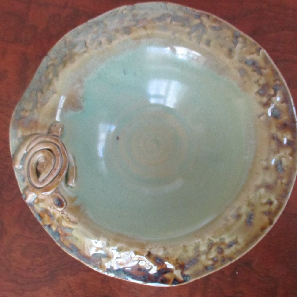Turtle on Lily Pad Signed Pottery Bowl vintage handmade dish